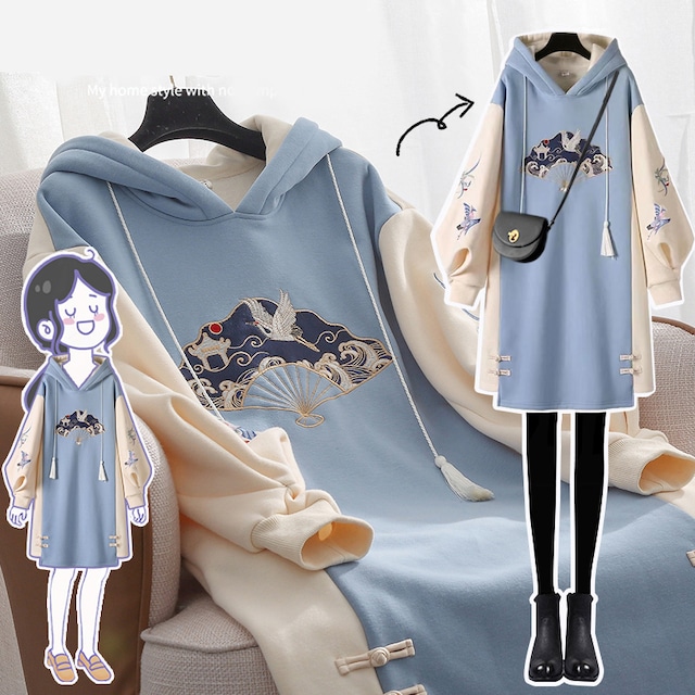 ✿人気商品再入荷✿【篱笆外有只猫シリーズ】★チャイナ風ワンピース★ 鶴 秋冬服 パーカーワンピース 裏起毛 刺繍 大きいサイズ