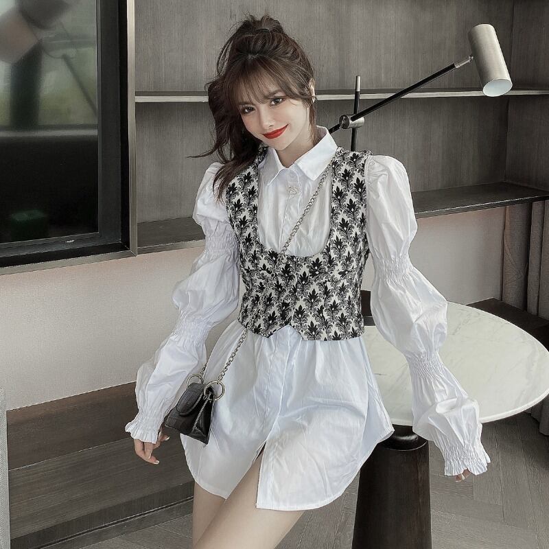 オータムスタンダードツィードウェストシャツ スカート レトロ 秋物 ハンチェンe36379726413