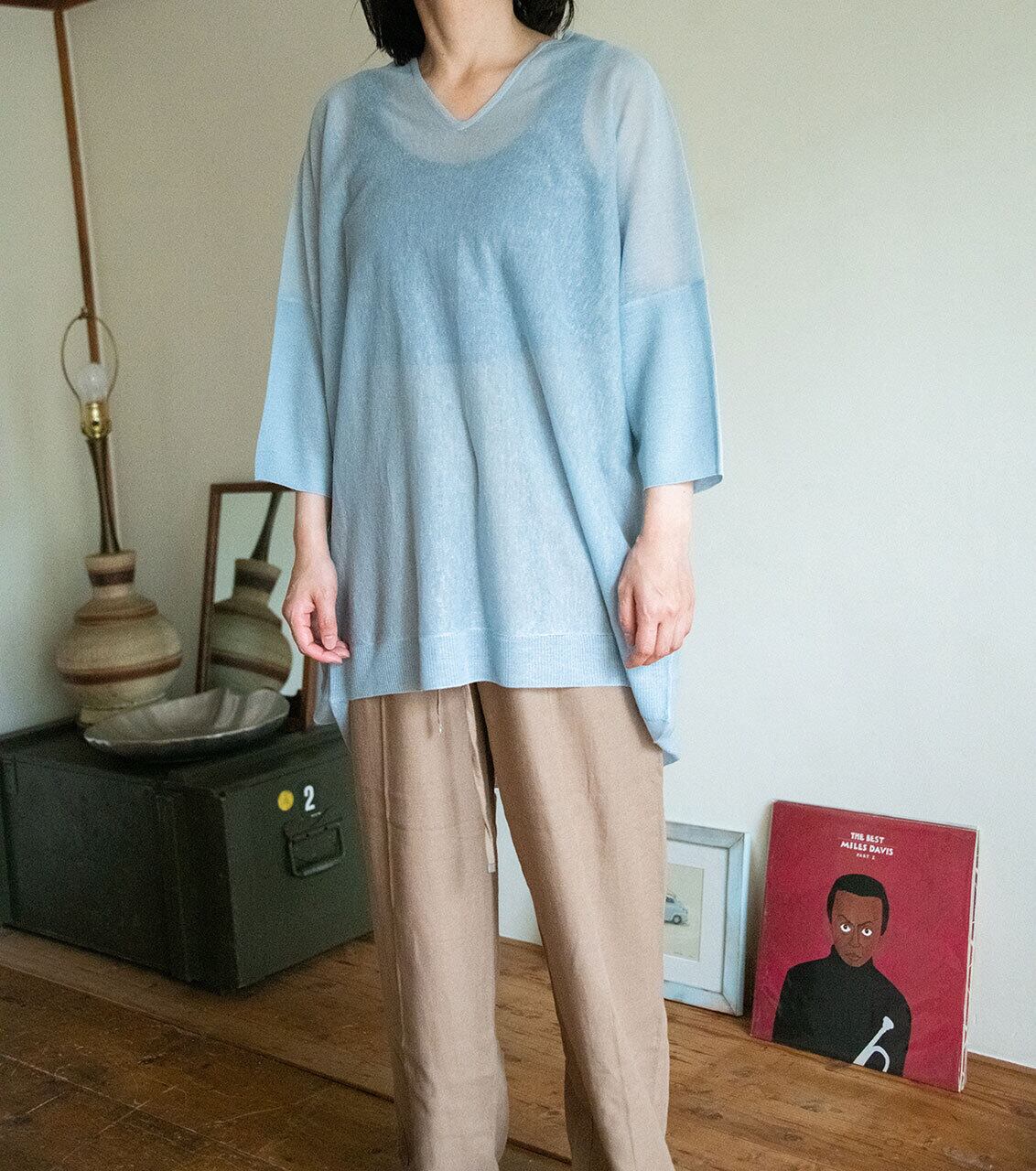リネンVネックシアーニットチュニック_BLU