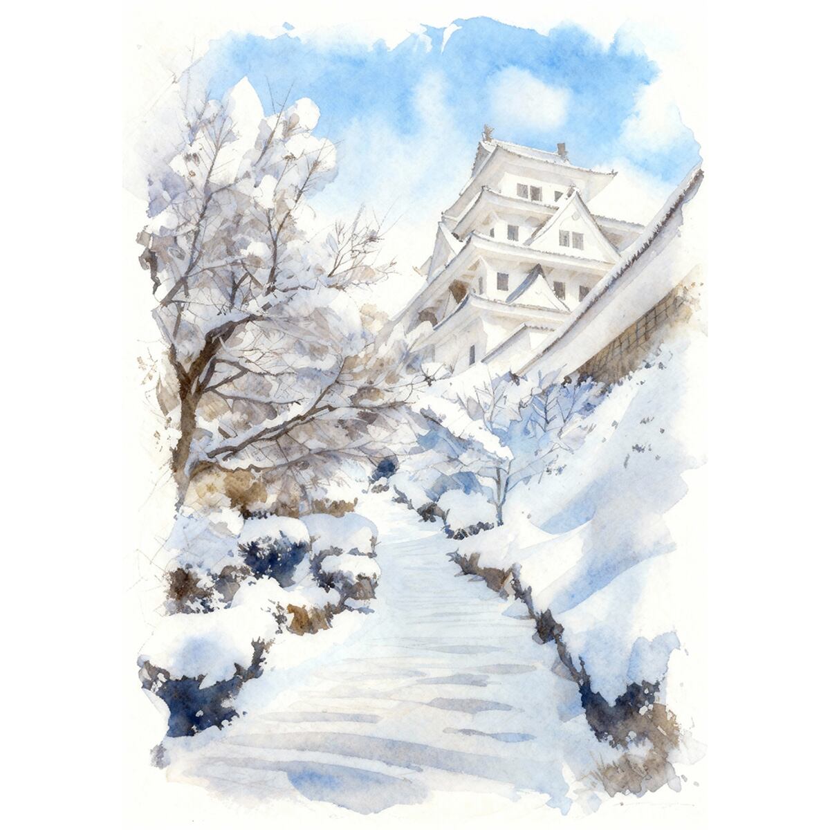 絵画 風景画 日本の城 冬 岐阜県 雪の郡上八幡城城 インテリアアート額付き 水彩画・油絵風 WAT0971