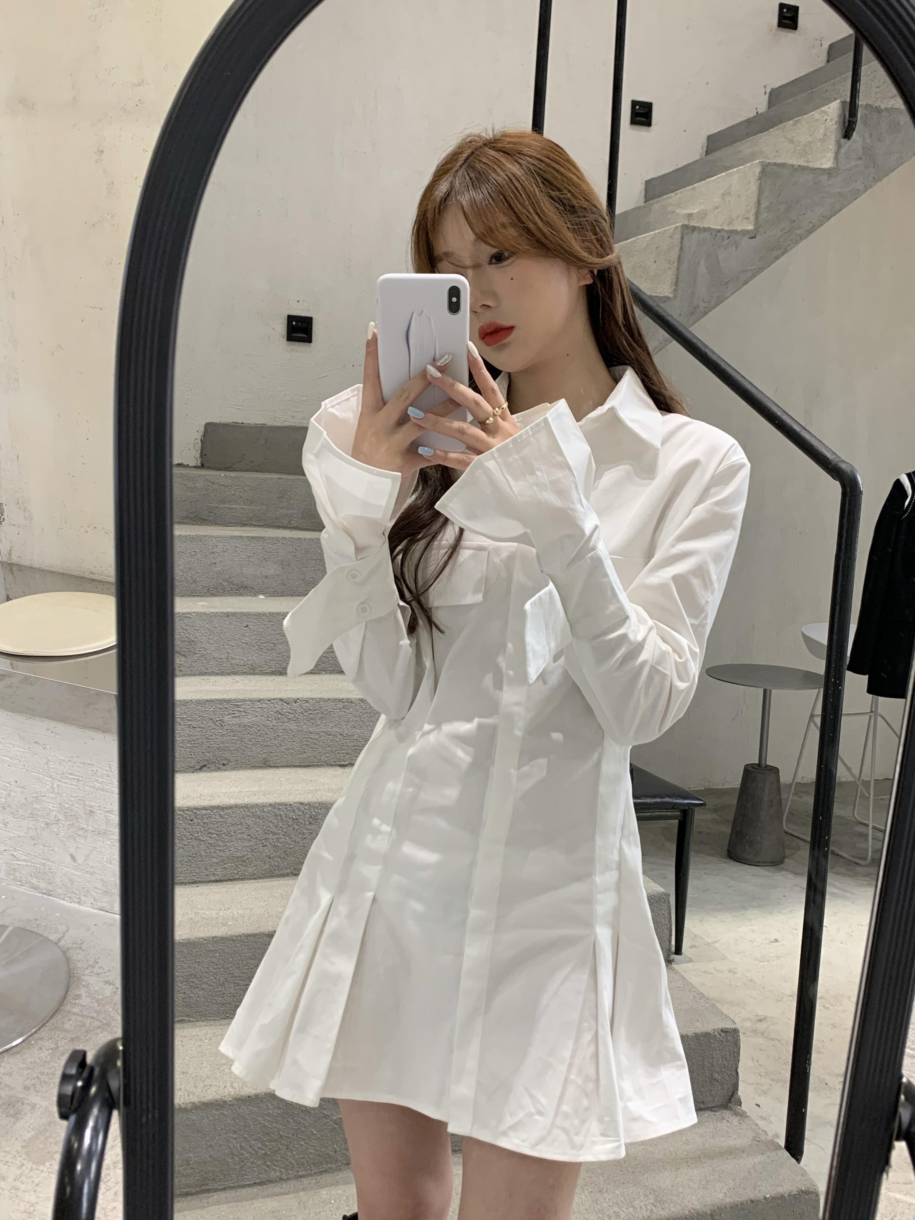 シャツ ドレス ホワイトウェストショートスカート スプリングオータムスタンダードスリム ロング レトロ 春物 秋物 ブラックストロベリース3702251397