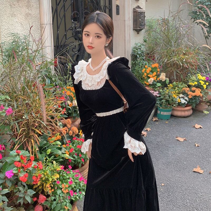 ドレス スプリングスタンダードスタイルレースブラック レトロ 春物 萌量不足41349672233