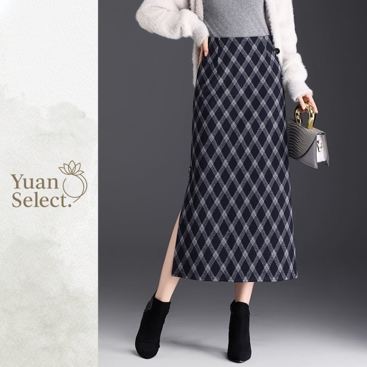 チャイナボタン付き　チェック柄ロングスカート　2カラー　YS00139