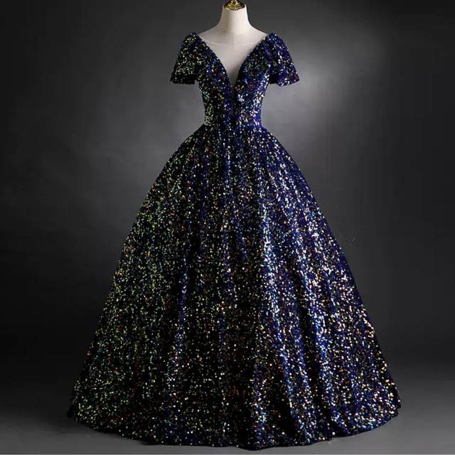 スパンコールデザインVネックドレス CL0203