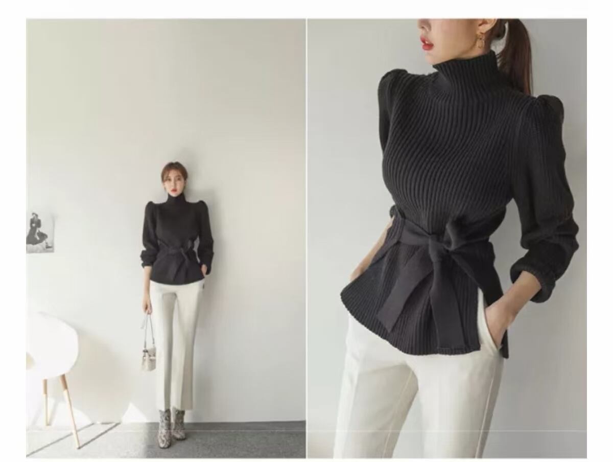 ウエストリボン付き　パワーショルダーニット　AJ1079-8068