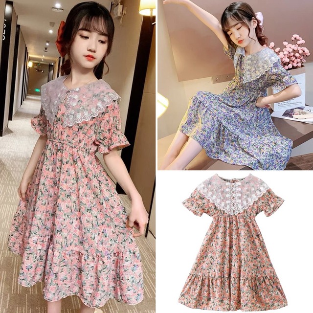 襟レース花柄ワンピース