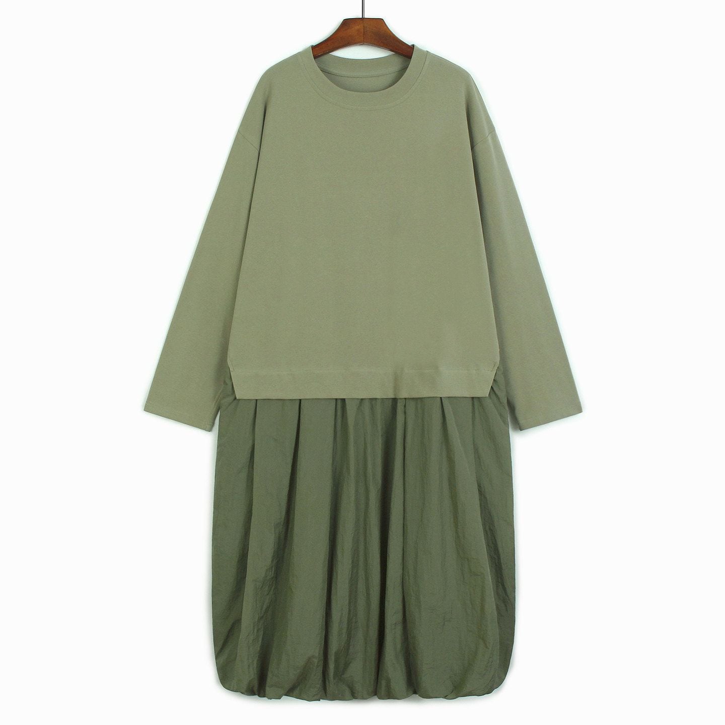FAUX LAYERED RELAXED PUFF HEM ROUND NECK DRESS M-18413