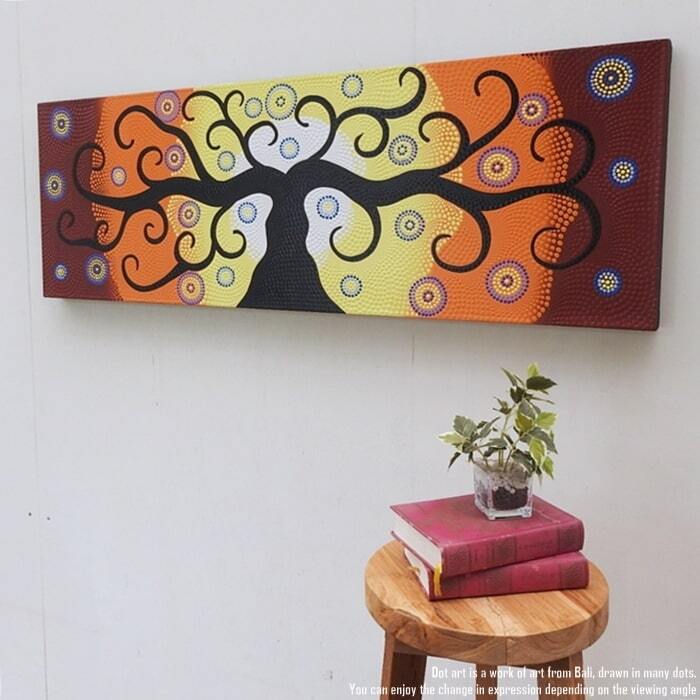 バリ島　油彩画　手描き　木製スタンド付き　一点物アート　アジアンインテリア ドットアート 120cm × 40cm Tree Of Life ドットペインティング モダン
