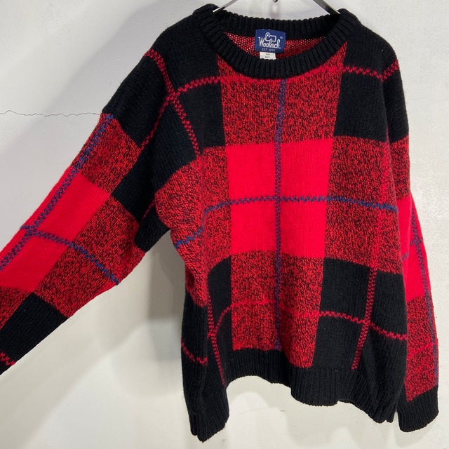 80s Woolrich チェック柄セーター ウールニット ブラック レッド L