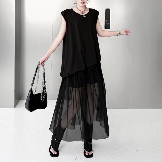 ASYMMETRIC MESH LAYERED SLEEVELESS MIDI DRESS M-17849