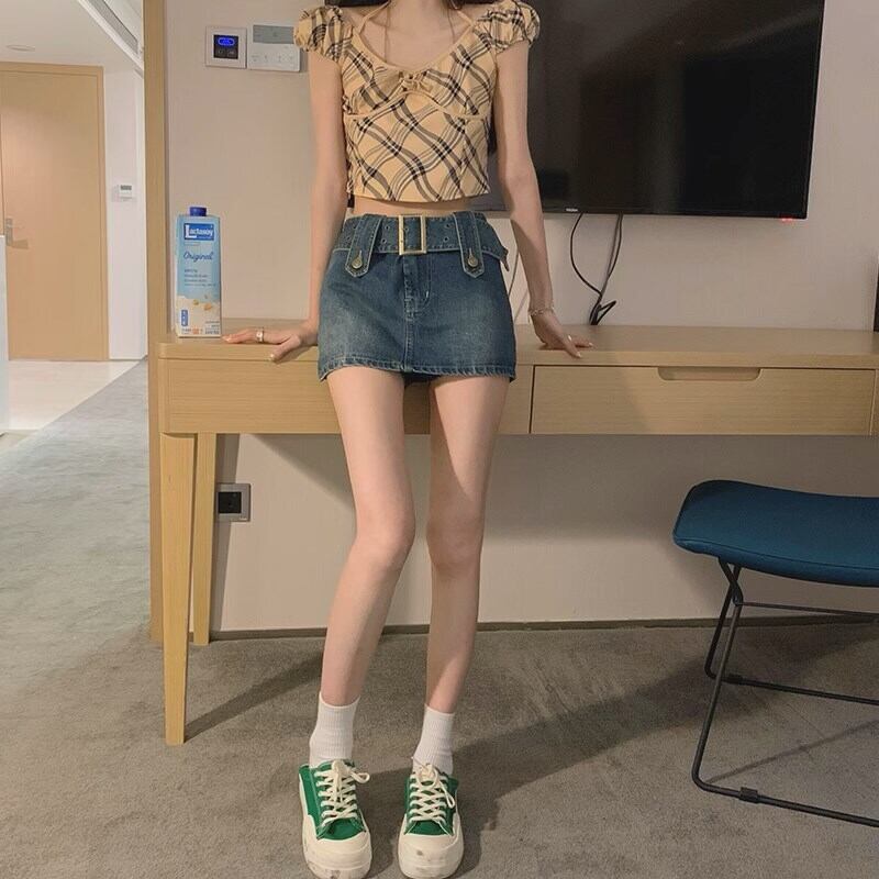 スカート ミニ丈 デニム ベルト レディース 韓国 春夏 ハイウエスト 足