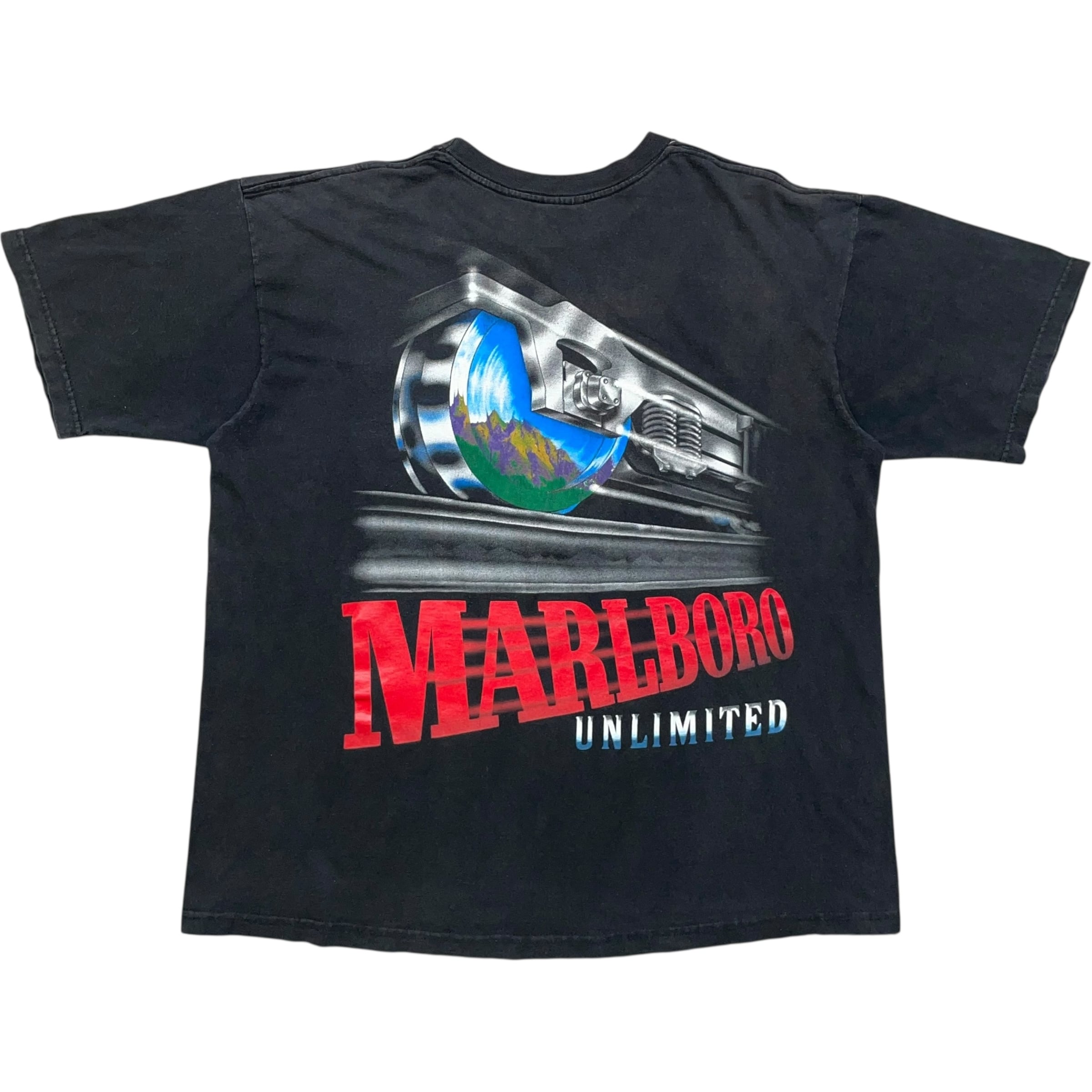 《XL》Marlboro マルボロ 企業Tシャツ UNLIMITED 胸ポケット ワンポイントロゴ 機関車 ブラック no.8503