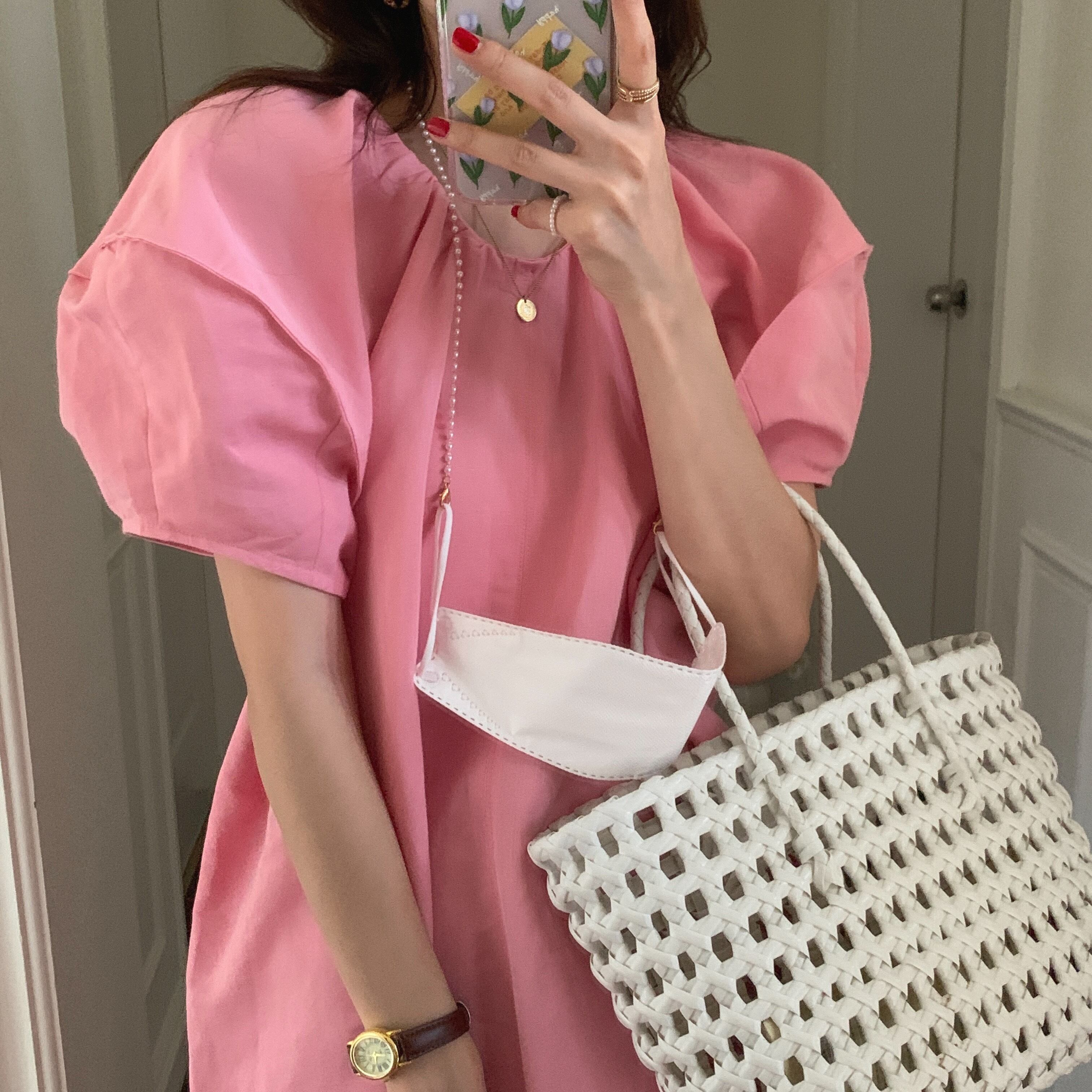 ラウンドネックドレス サマースリーブルーズロングスカート ピンク 夏物 Oネック ビッグFスモールZ韓国60378483451