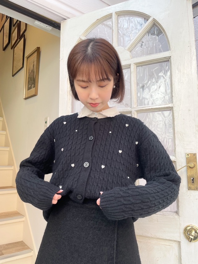 BLACK/HEART BIJOU CABLE CARDIGAN