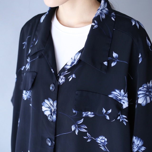 "花柄" black base blue flower pattern box silhouette open collar h/s shirt