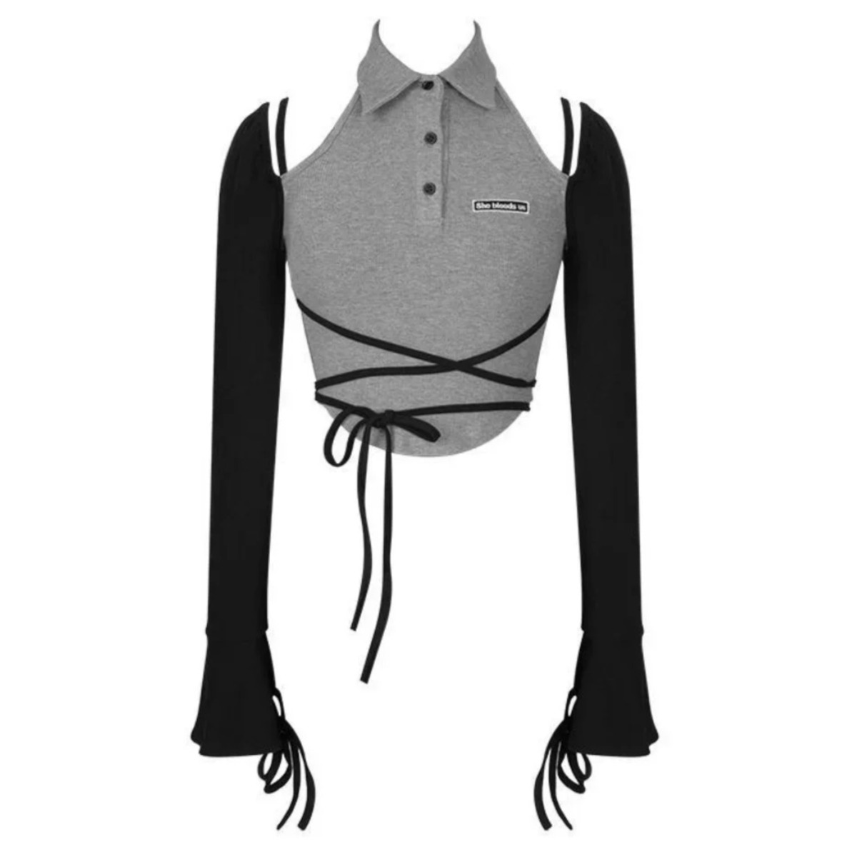 オフショル 編み上げ ポロ シャツ 長袖 オープンショルダー 韓国