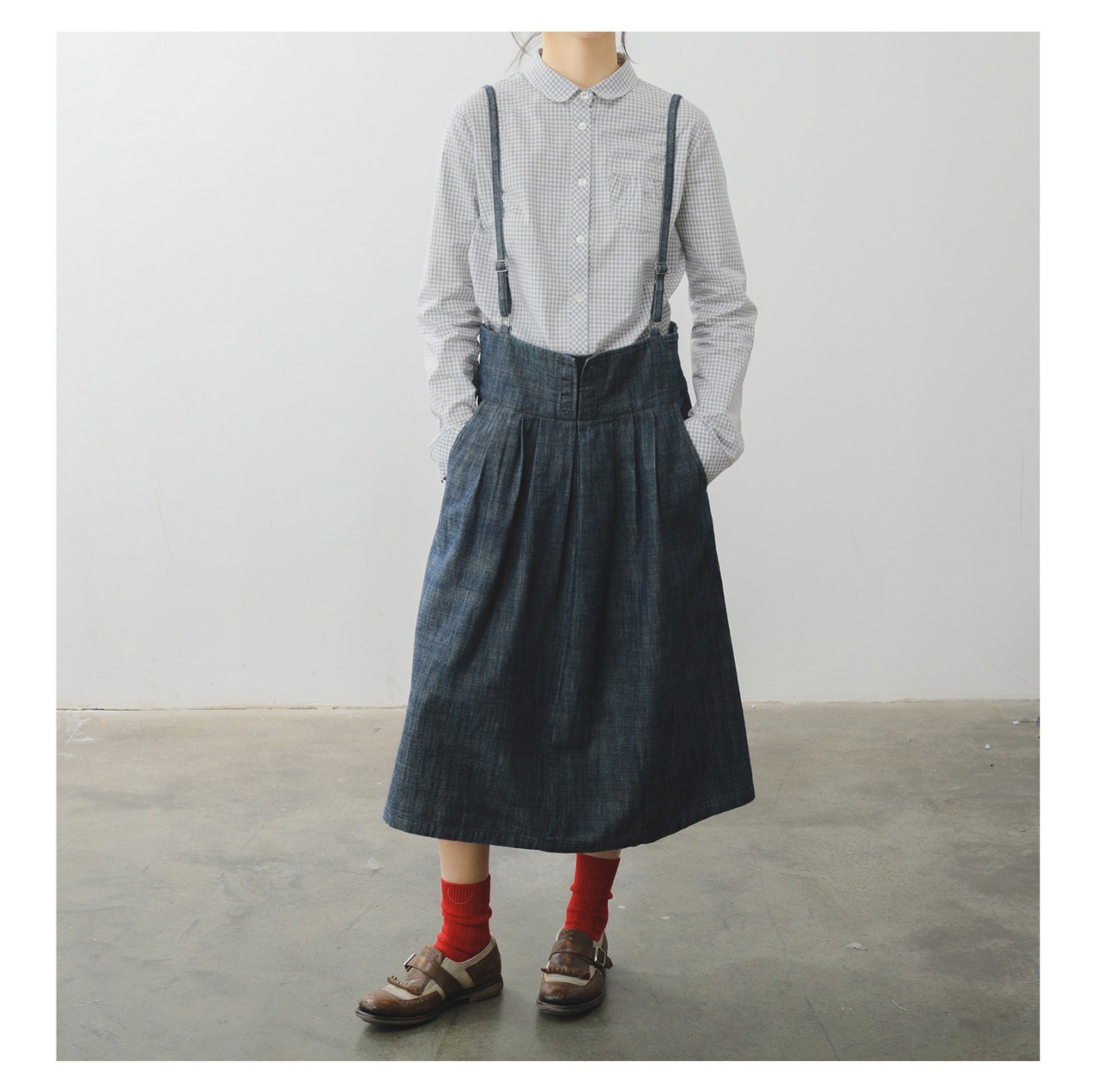 丸襟 長袖 ヒップ丈 チェック柄 シャツ   F0044 - 7