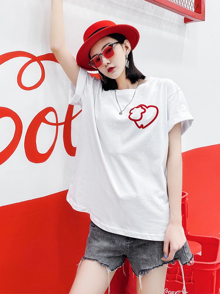 ラウンドネックTシャツ スプリングルーズトップス レッド 大きめサイズ 春物 Oネック ミックスインファッション69409866192