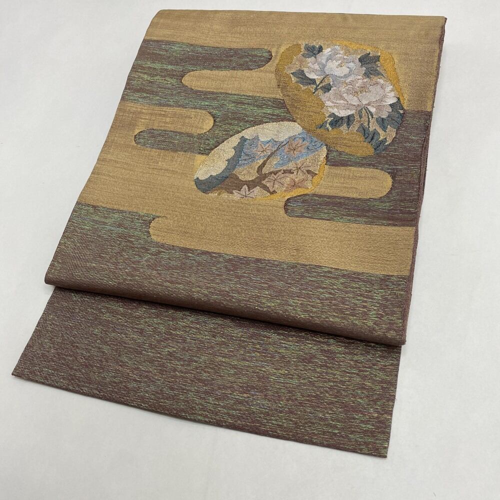 中古 洒落袋帯 正絹 草花 六通柄 ブラウン Cランク 435cm 5499