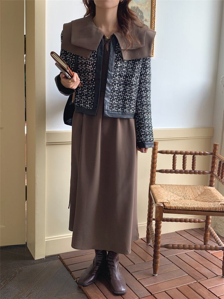 通勤スタイルも秋顔に レトロ ラペル 減齢 バンディング ゆったりする ワンピース ピュアカラー