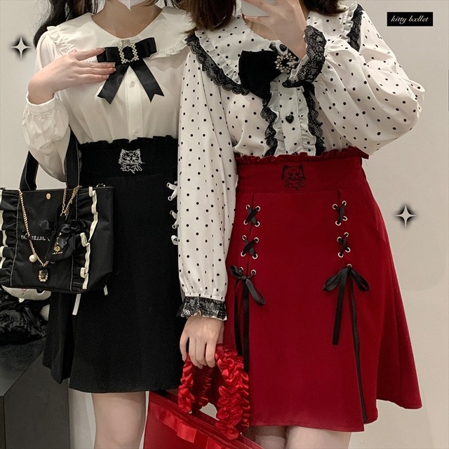 ゴスロリ通販 With U ゴスロリ服  地雷 量産型 スカート ハイウエスト 編み上げ リボン JKスタイル 原宿ファッション サブカル系地雷 地下アイドル