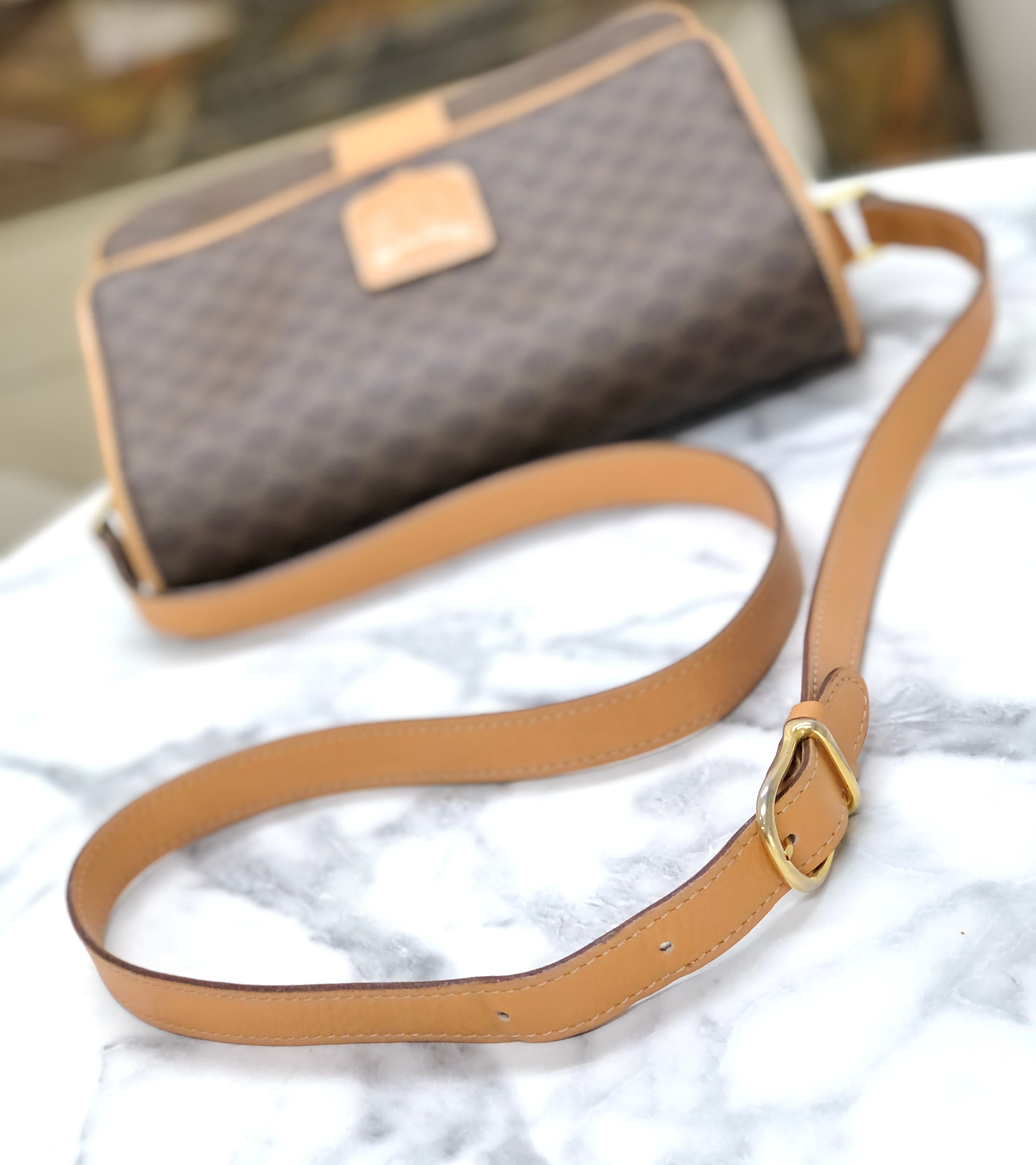 70's仏！型押し！ブラウンショルダー CELINE セリーヌ マカダム ブラゾン型押し PVC×レザー フロントライン