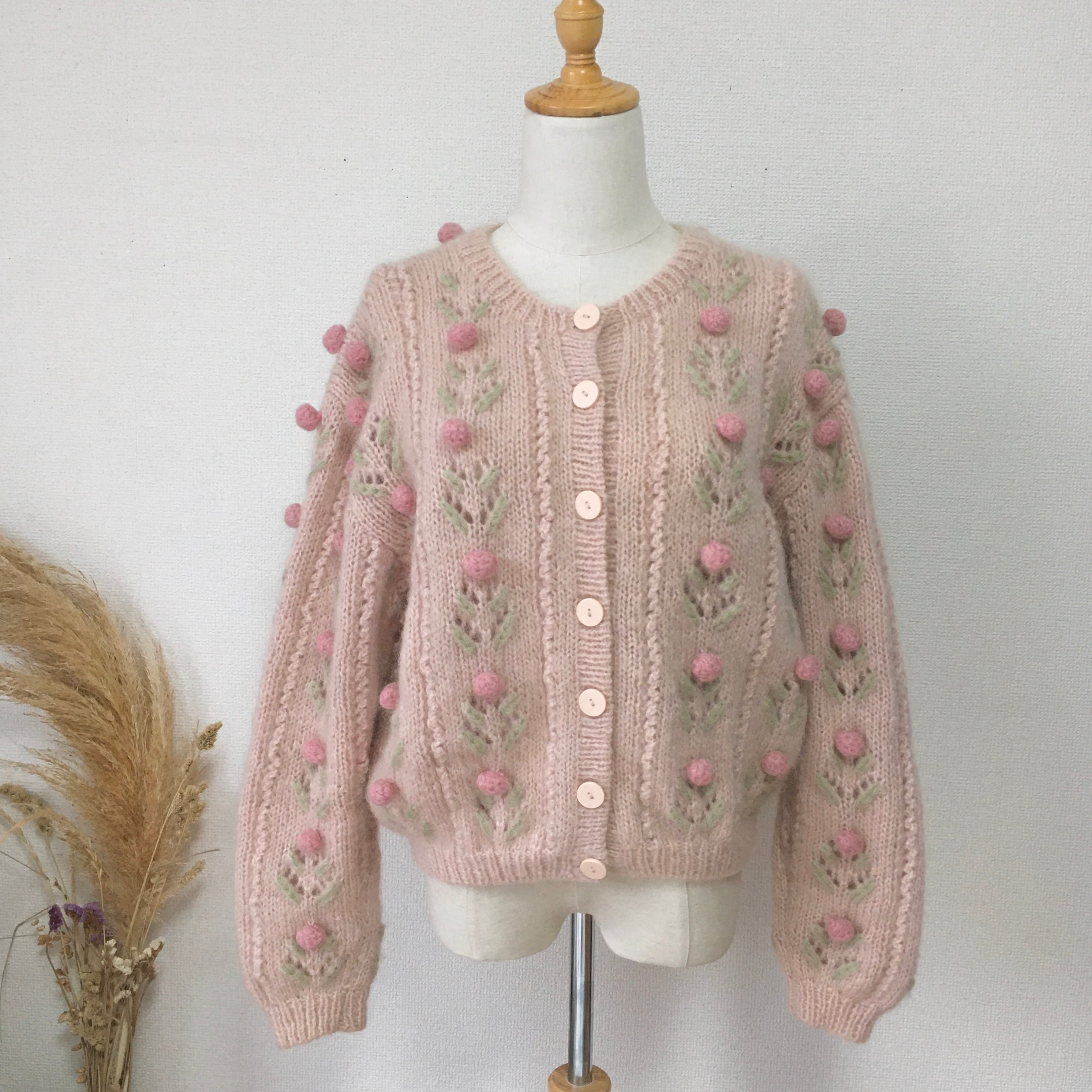 flower pompon knit cardigan〈レトロ古着 フラワーポンポンニット