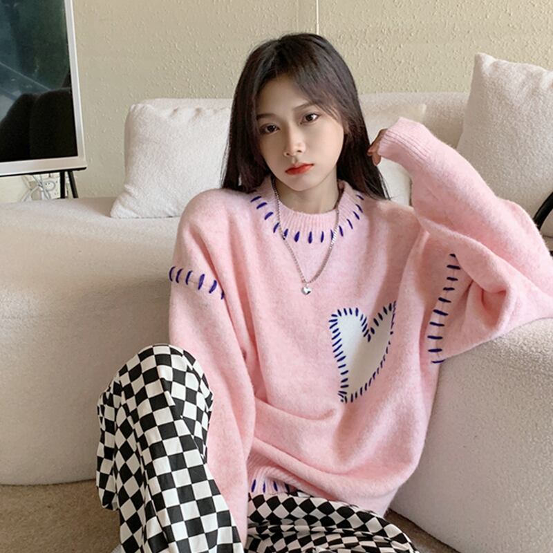 ラウンドネックセーター レディースウィンタールーズスタイル ピンク 冬物 Oネック スーパーモール14118653444