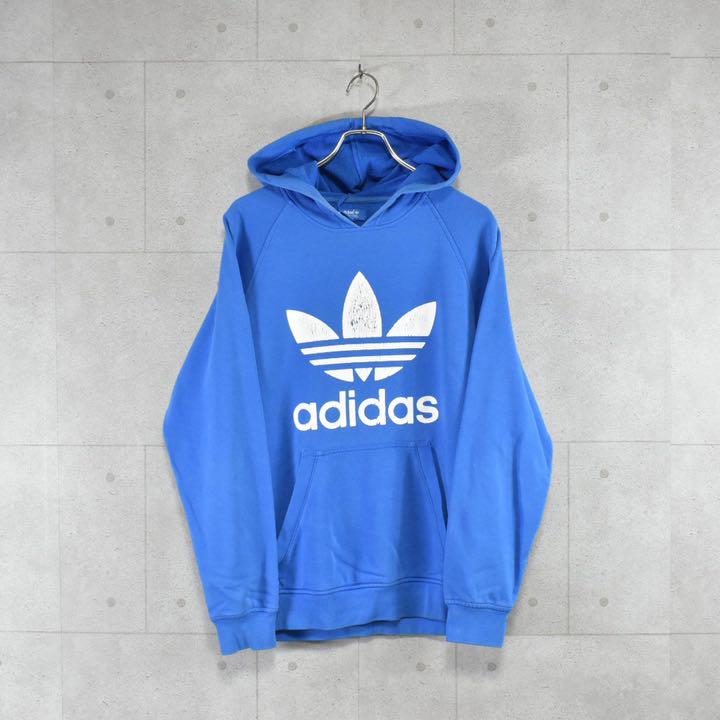 adidas アディダス パーカー ブルー トレフォイルロゴ プリント | 古着