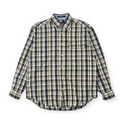 90s TOMMY HILFIGER トミーヒルフィガー フラッグ刺繍 チェック柄 オックスフォード 長袖シャツ S/イエロー系 メンズ ビンテージ