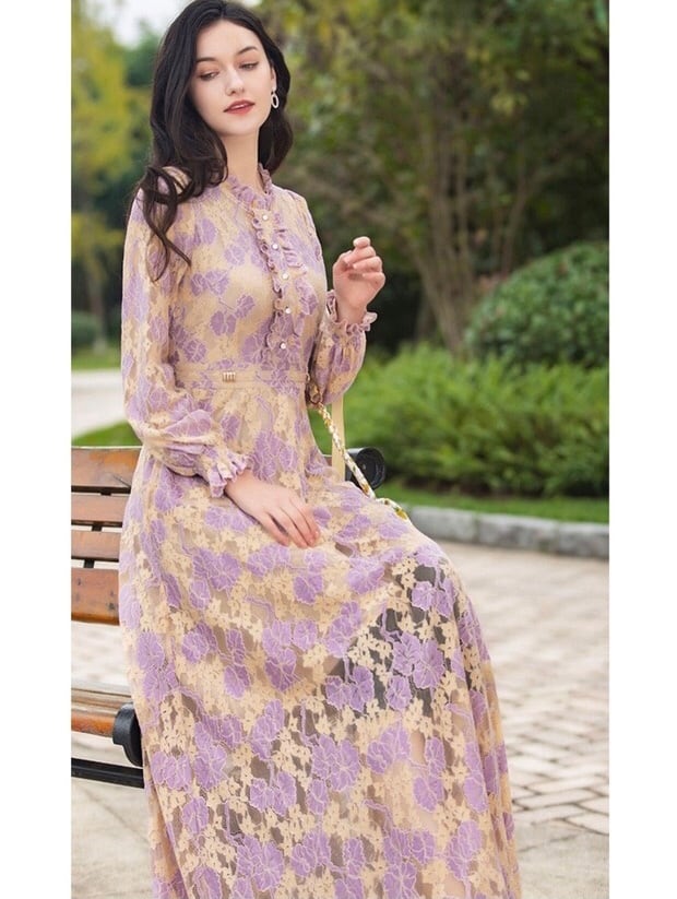 ワンピース 赤 ピンク 紫 花柄 フラワー 刺繍 レース ブラウス