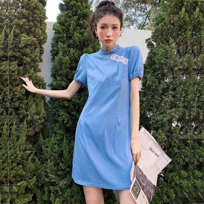 菲娜蘇シリーズ チャイナ風ワンピース レトロ 無地 ドレス スタンドネック 半袖 ショート丈 Elegant