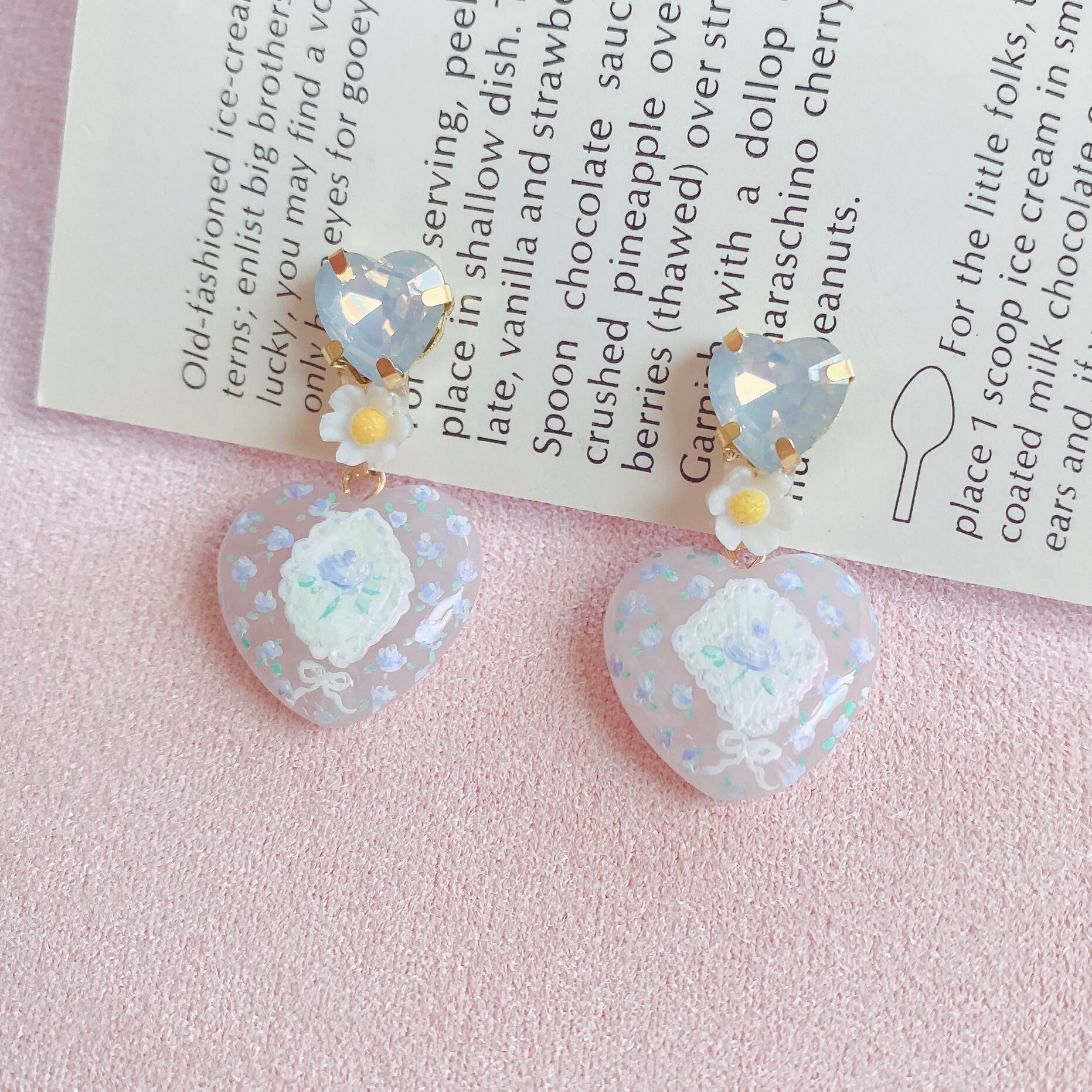 レディハンカチ耳飾りhandkerchief floral hand painted earrings（Blueイヤリング）