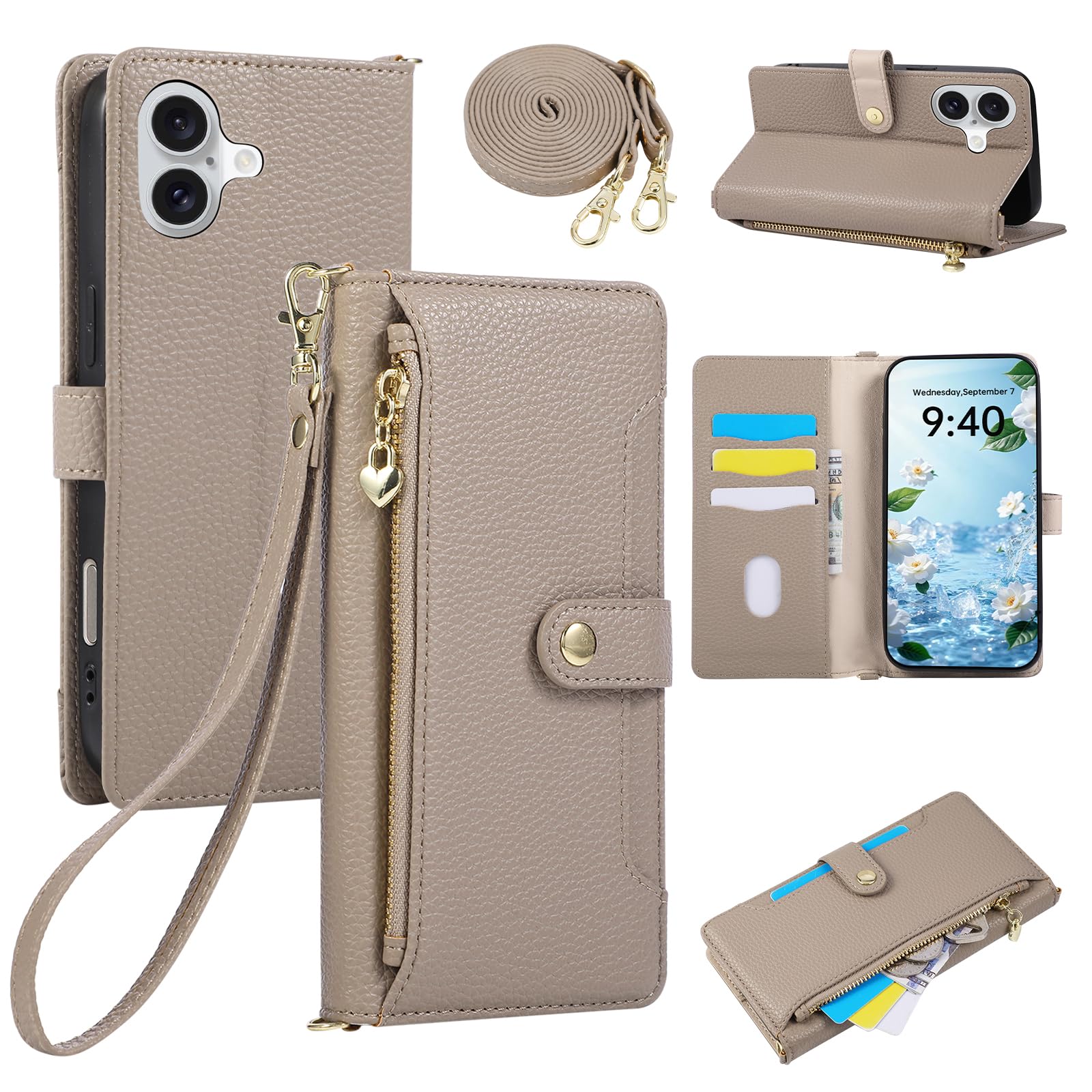 LBLB iPhone 16 Plus 用 ケース 手帳型 いphone16 plus ケース ショルダー ストラップ付き (グレー)