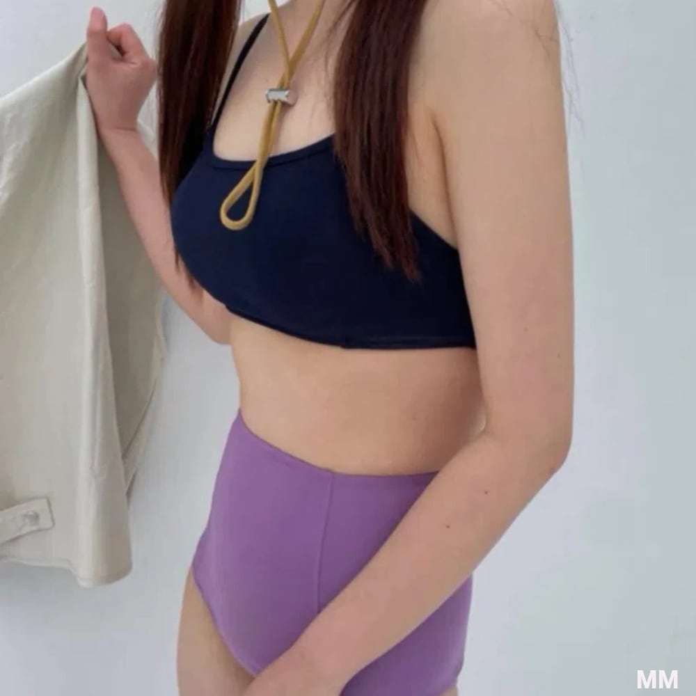 ハイウエストビキニセット,女性用水着,韓国のビーチウェア,黒,紫