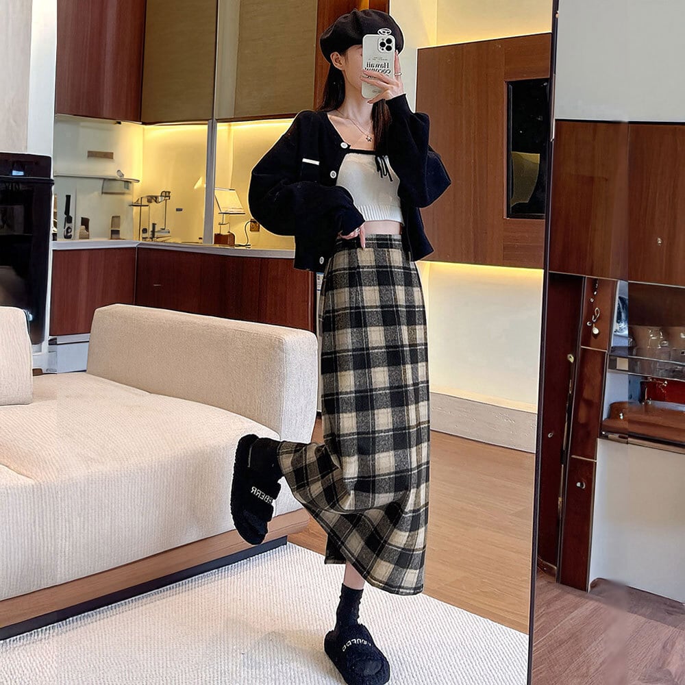 チェック柄 タイトスカート レディース 秋冬 ロングスカート 韓国