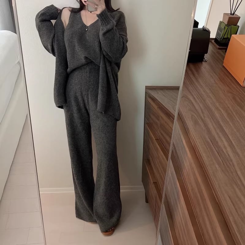 【set】ニットベスト×カーディガン×ワイドパンツ3点セット Q7162