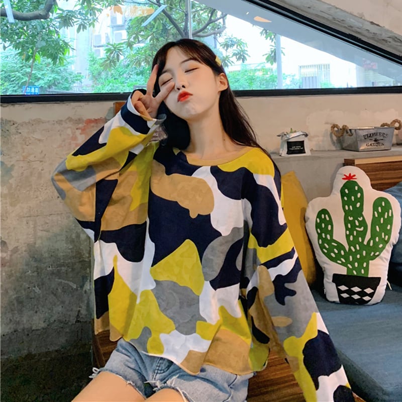 Tシャツ ルーズカラー迷彩プリント柄ラウンドネック長袖 長そで