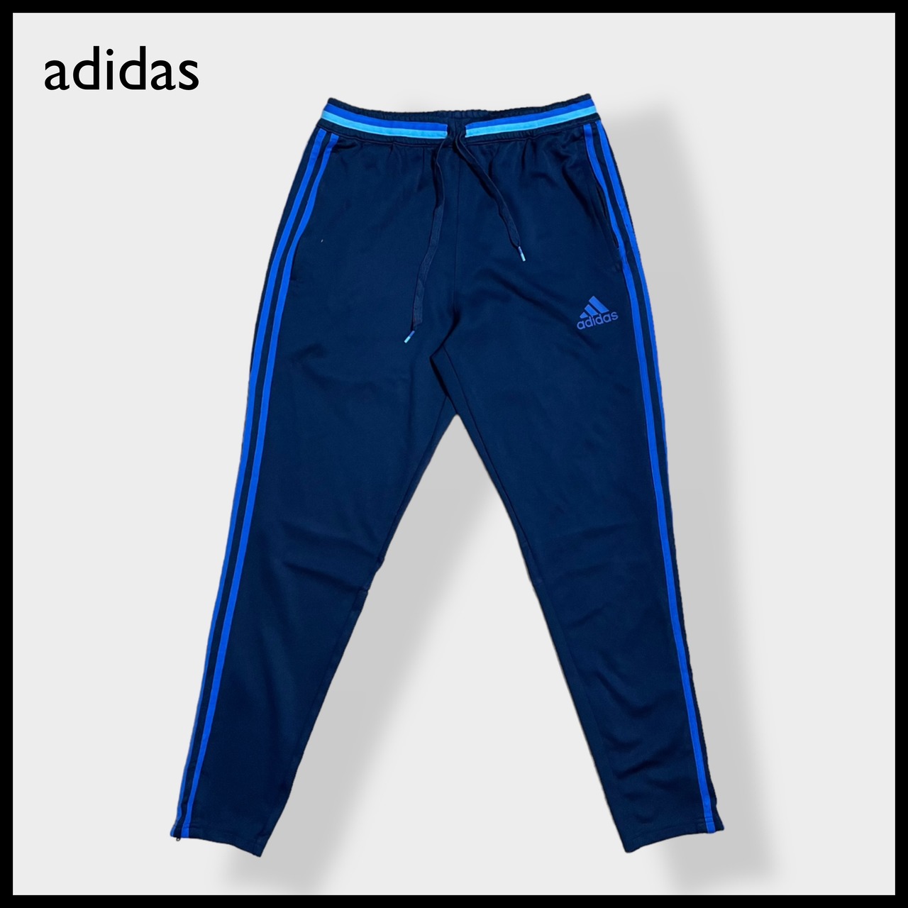 【adidas】トラックパンツ TRACK PANTS サッカー フットサル ジャージパンツ ジャージ下 裾チャック パフォーマンスロゴ プリント スリーストライプ CLIMACOOL アディダス ネイビー US古着