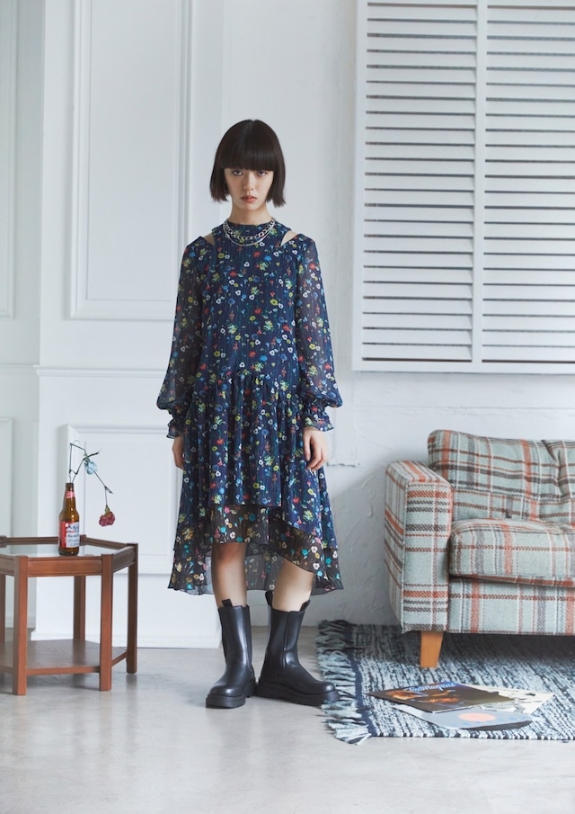 raiMu　Flower Gathered Dress 　Navy【RA-23SS3-7-F-NV】