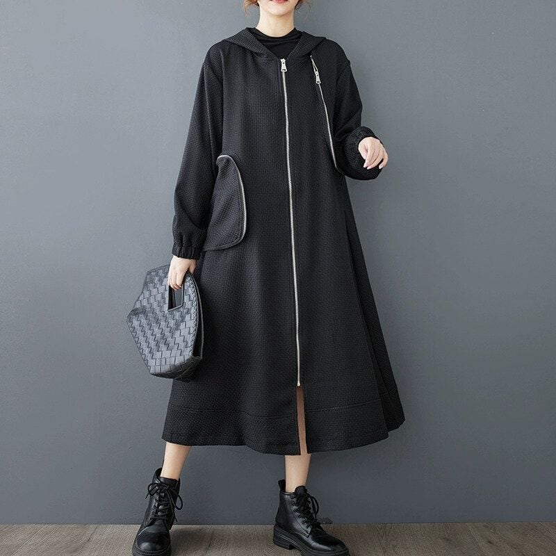 SOLID HOODED DESIGN POCKET A-LINE MIDI FULLZIP JACKET COAT 2colors M-14730