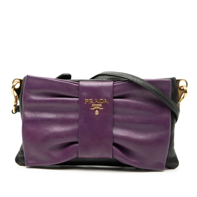 プラダ リボン 斜め掛け ショルダーバッグ パープル ブラック レザー レディース PRADA 【中古】