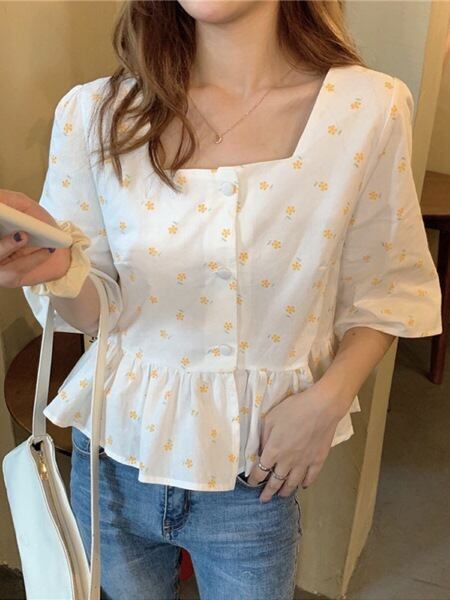 スクエアネックペプラムブラウス レトロガールコーデ 半袖 シフォン 大きいサイズ 韓国 CH3859