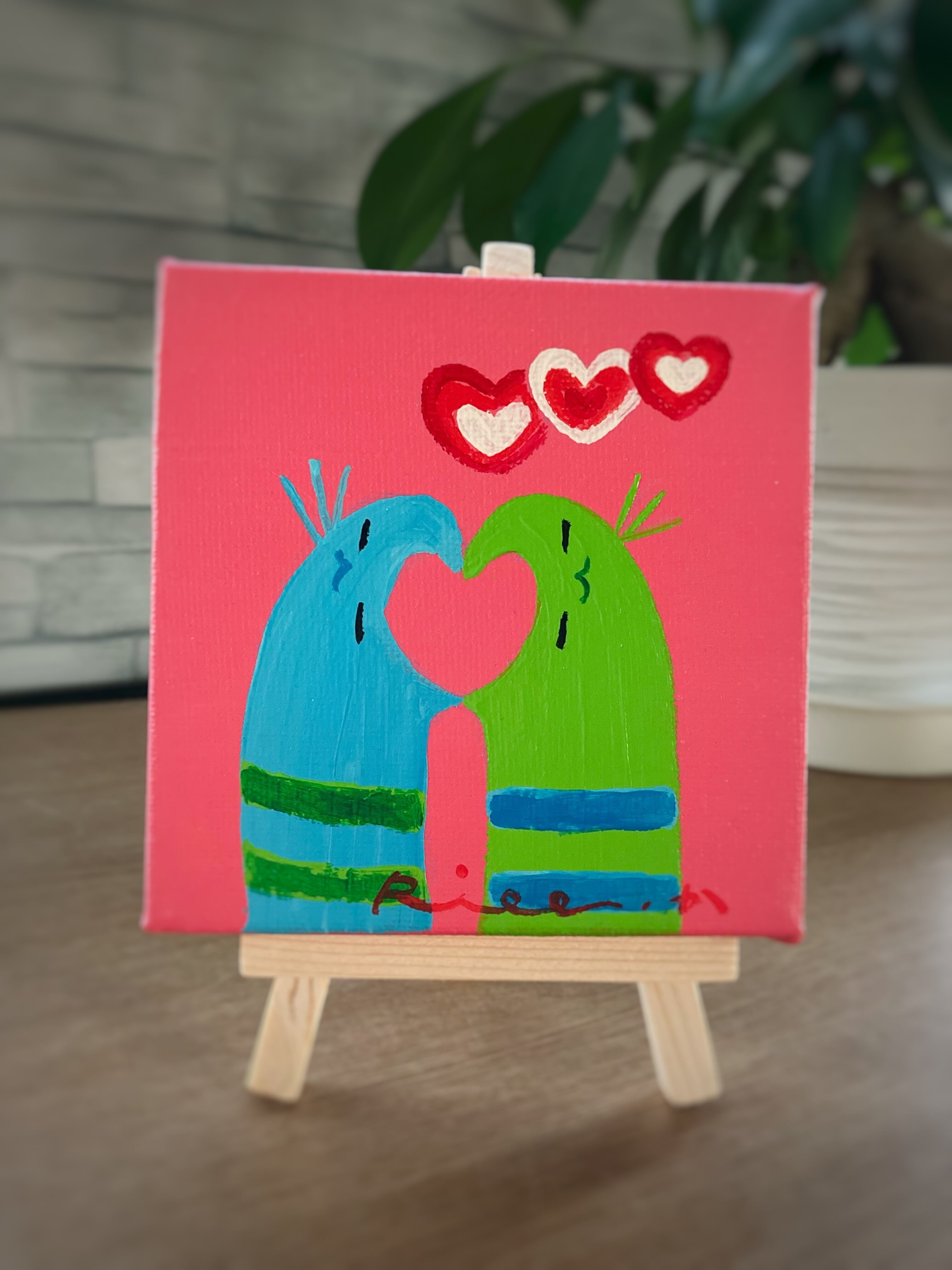 ハート猫ちゃん／原画 ミニイーゼル付き 絵 絵画 アート イラスト 猫