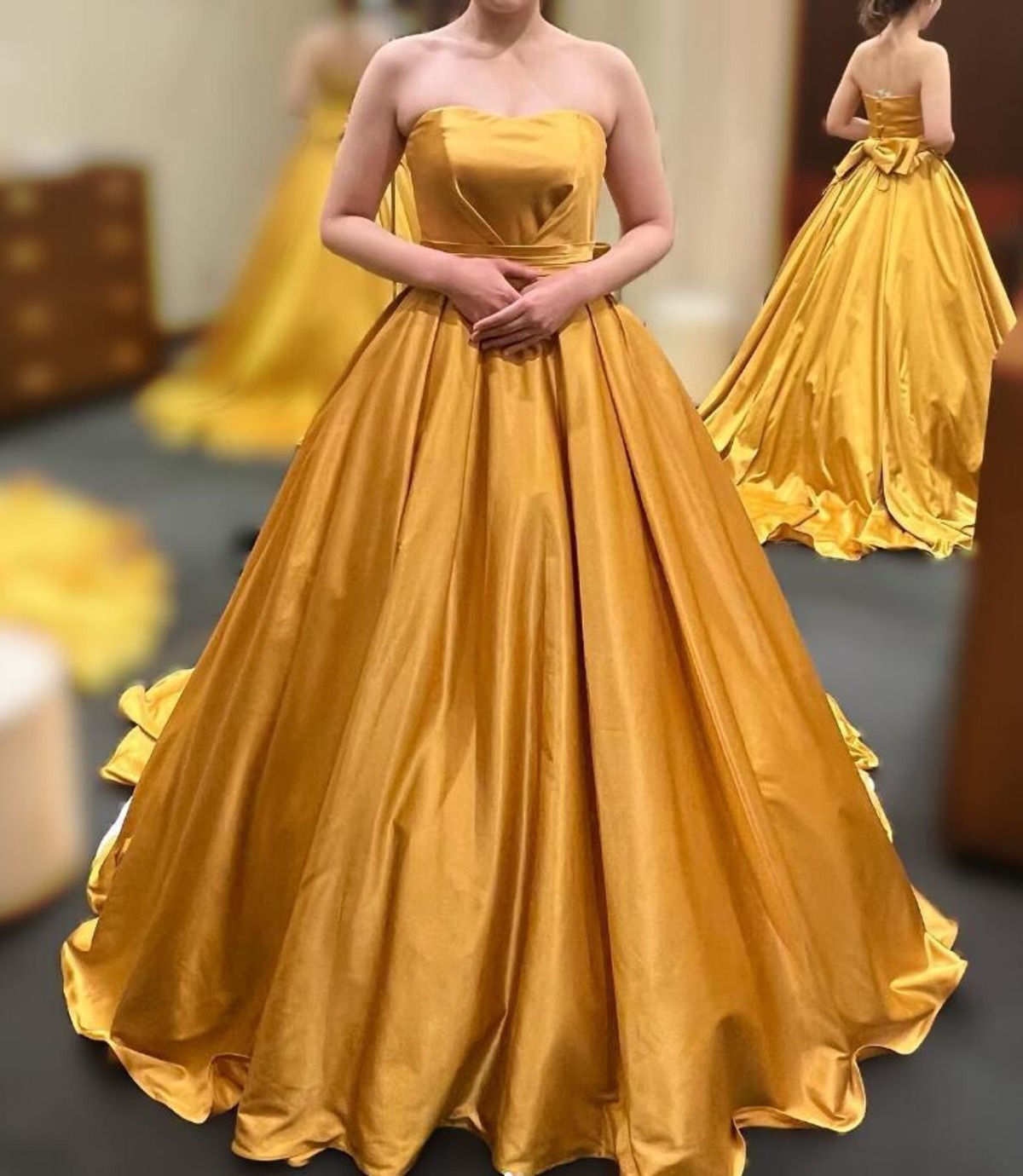 パーティードレス イエロー ベアトップ ふっくら柔らかなバックリボン  