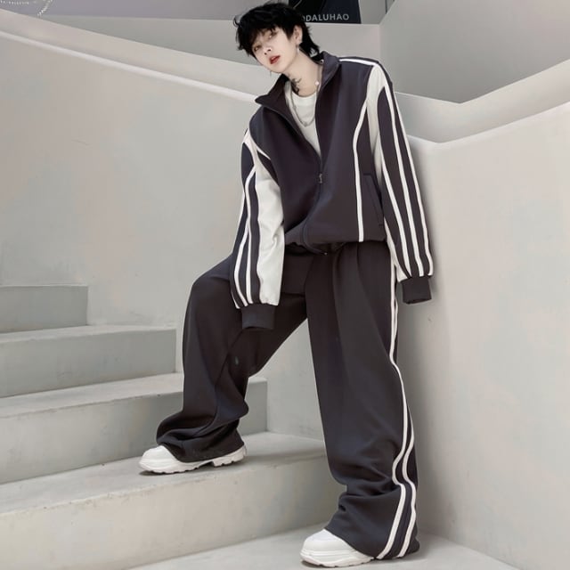 【予約販売】メンズ セットアップ 上下 ジャージ スエット 長袖 無地 ライン ワイドレッグ コーヒー/グレー ストリート カジュアル 部屋着 春夏 韓国 トレンド こなれ感 M/L/XL