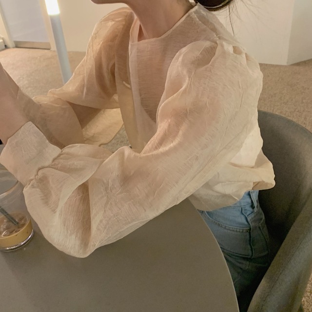 トップス レディース ブラウス シャツ 長袖 襟無し シアーシャツ シースルー 透け感 パフスリーブ 春 夏 秋 かわいい 大人可愛い シンプル  清楚 おしゃれ 綺麗 お嬢様 おとな ナチュラル エレガント ガーリー モダン 華やか OL 通勤 学生 通学 デート お出かけ 女子会 パーティー リゾート 旅行 カフェ 10代 20代 30代 ママ 韓国 韓国系 着回しインスタ映え 体型カバー モテ 送料無料