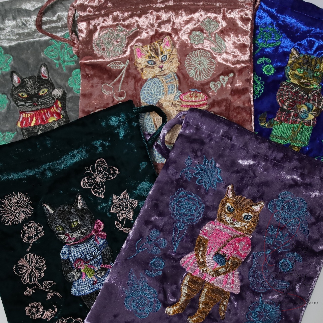 Nathalie Lete Velour Drawstring pouch Tabby cat ベロア巾着 ポーチ ブルー