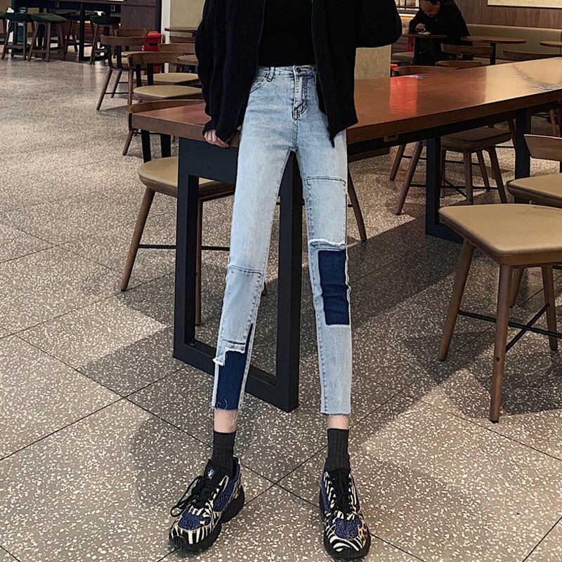 スプリングスタンダードカラージーンズ ハイウェストウェスト薄手パンツ レトロ 春物 ステッチ スーパーモール7872405523