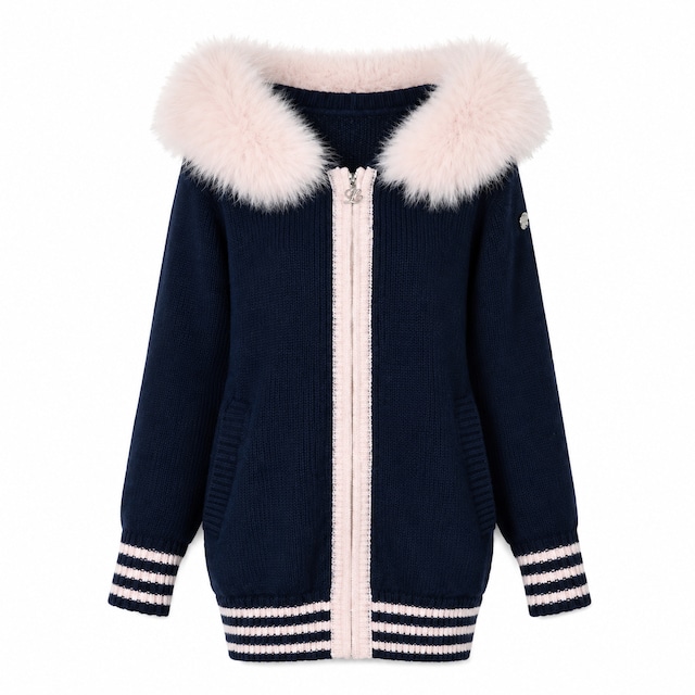 Lumignon original ♥ Big Fur knit hoodie【ネイビー×ピンク】